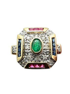 Womens Ring 14K Gold Emerald Diamond Red Blue Spinel 3.9 Grams Size 7 Estate